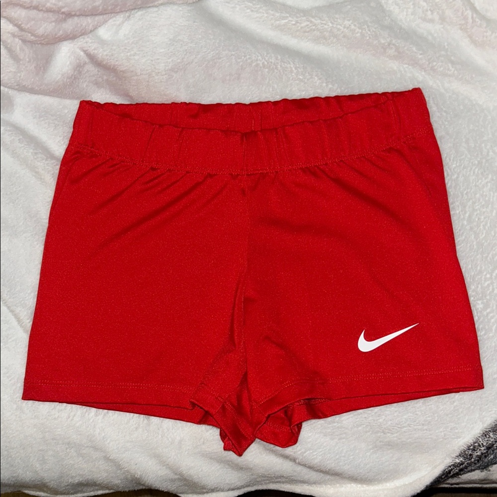 Nike Women's Bright Red Athletic Shorts with White Swoosh